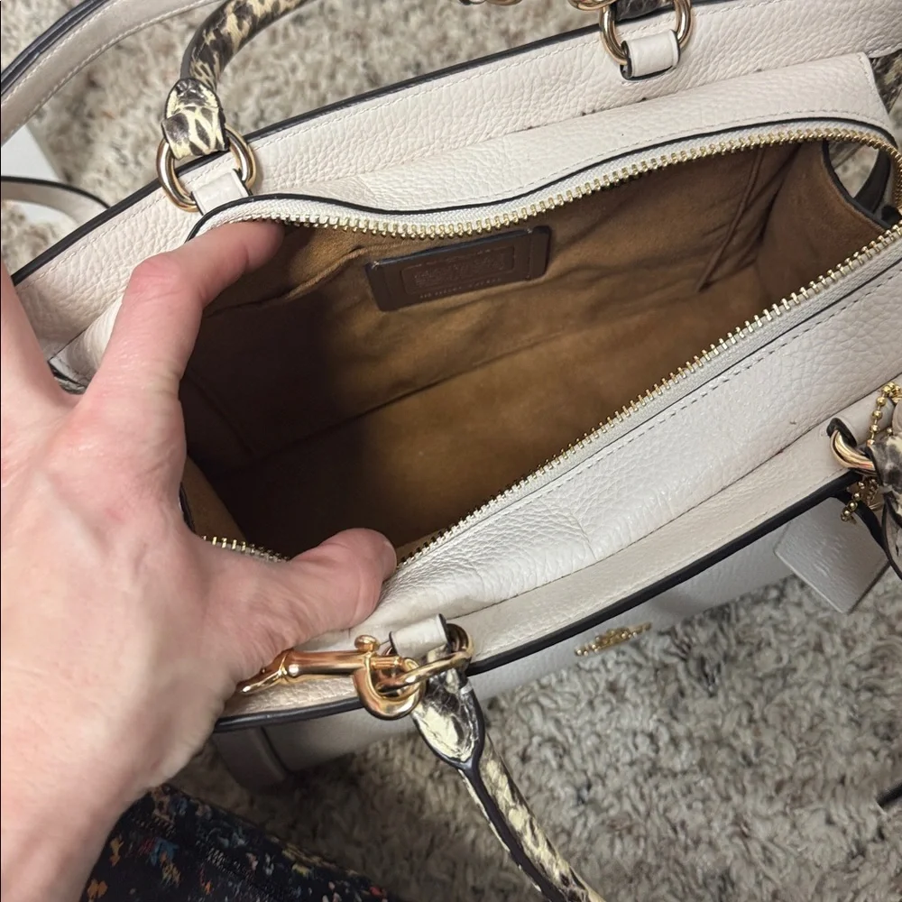 Coach satchel chalk white snake print accent tote purse NWOT
